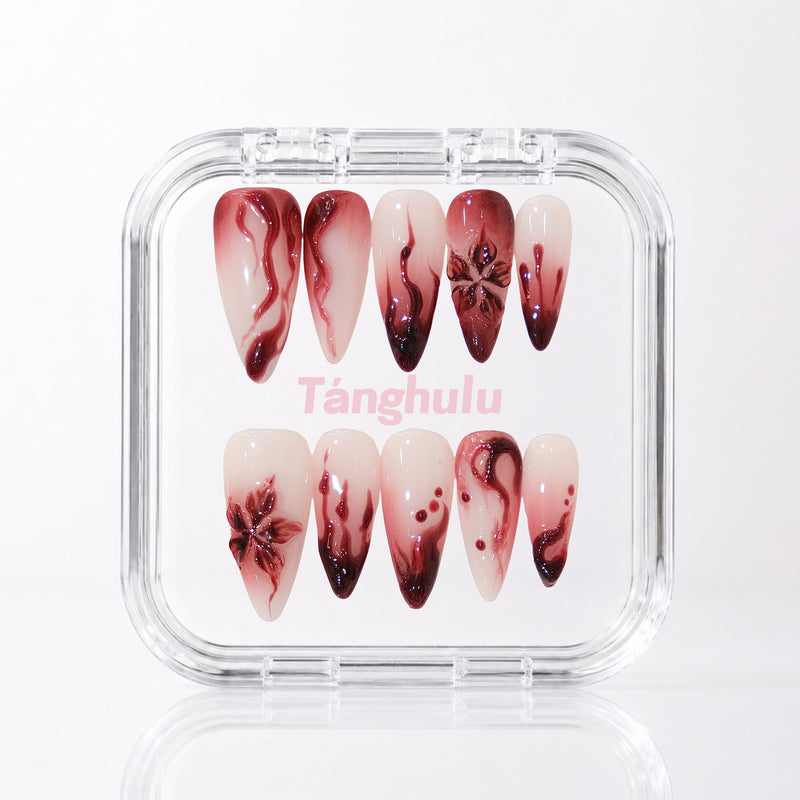 Crimson Flame — Long Stiletto press-on nails in Tanghulu acrylic case