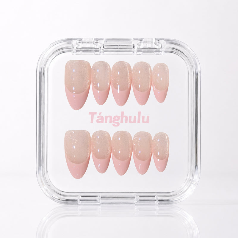 Pink Glow — Medium Almond press-on nails in Tanghulu acrylic case