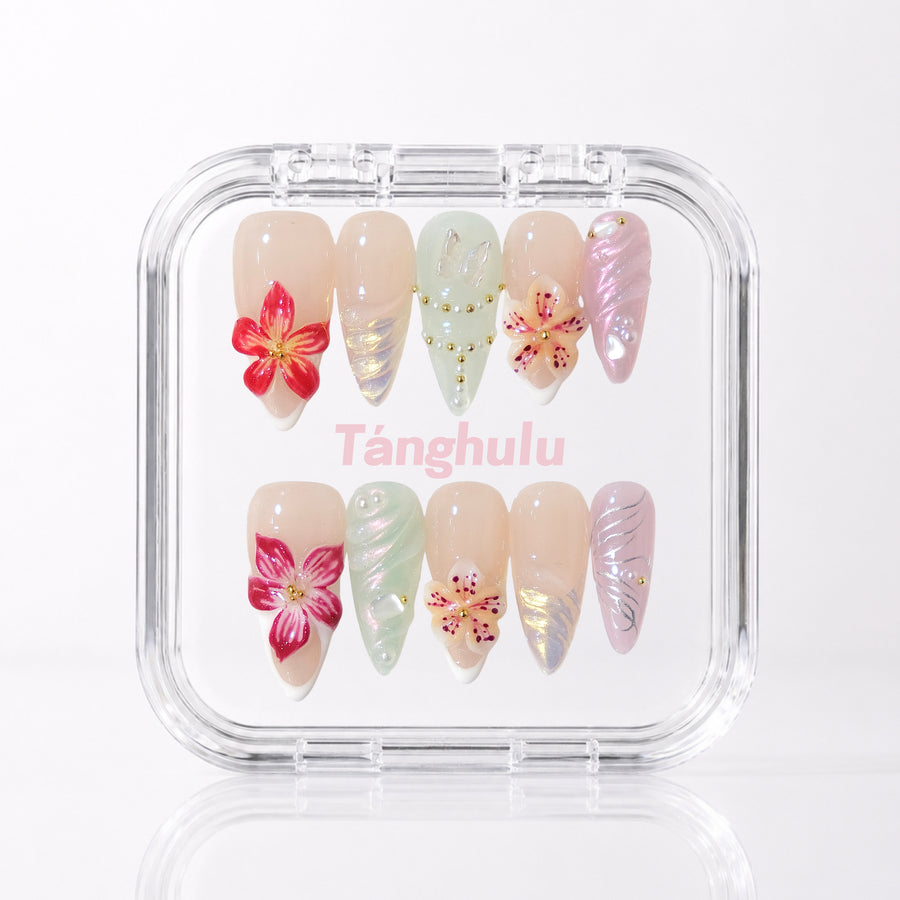 Fairy Petal — Long Stiletto press-on nails aligned vertically with level cuticle edges in a Tanghulu acrylic case