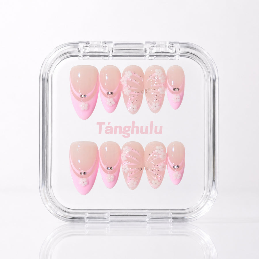 Pink Corsage — Medium Almond press-on nails aligned vertically with level cuticle edges in a Tanghulu acrylic case