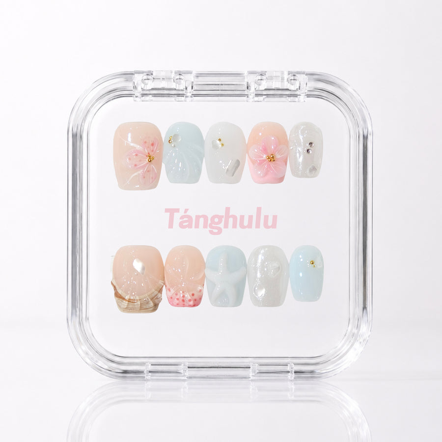 Shell Kiss — Short Coffin press-on nails aligned vertically with level cuticle edges in a Tanghulu acrylic case