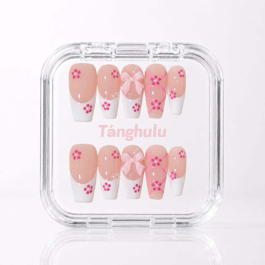 Blue Lace — Long Coffin press-on nails in Tanghulu acrylic case