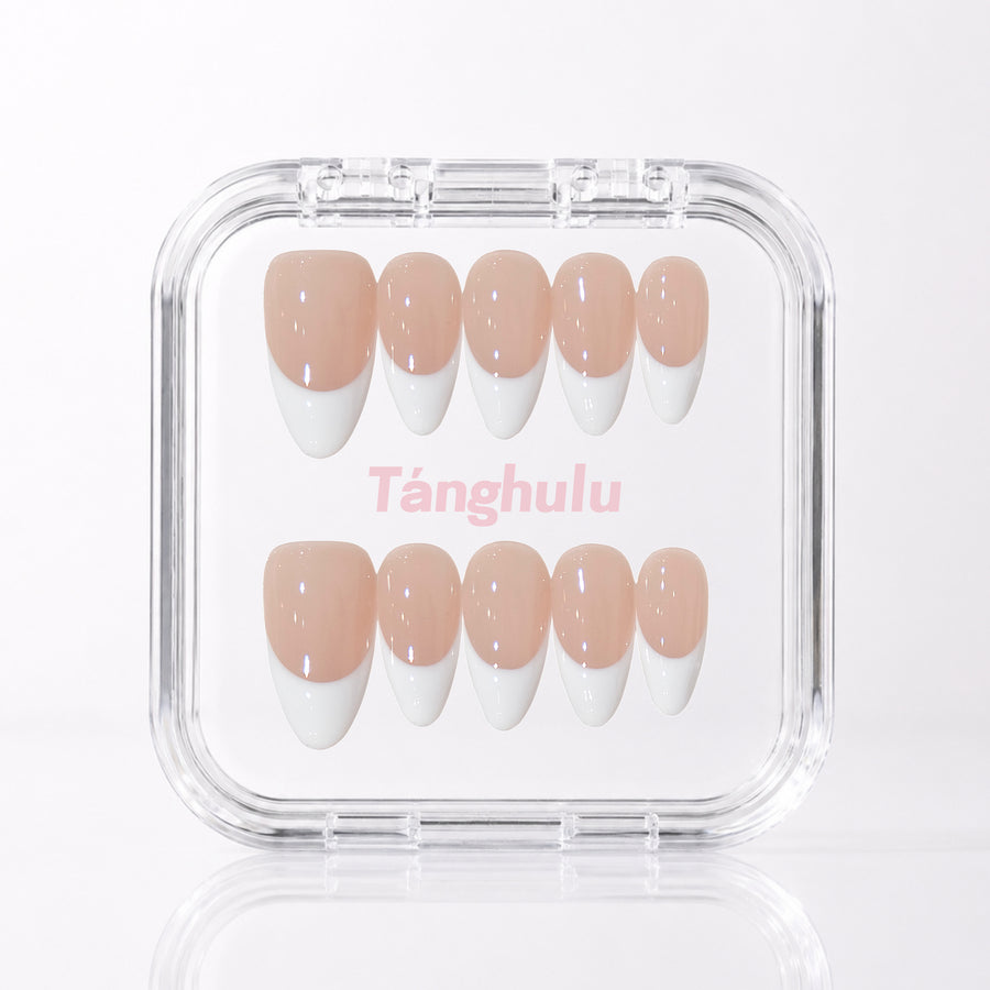 in Paris (Beige) — Medium Almond press-on nails in Tanghulu acrylic case