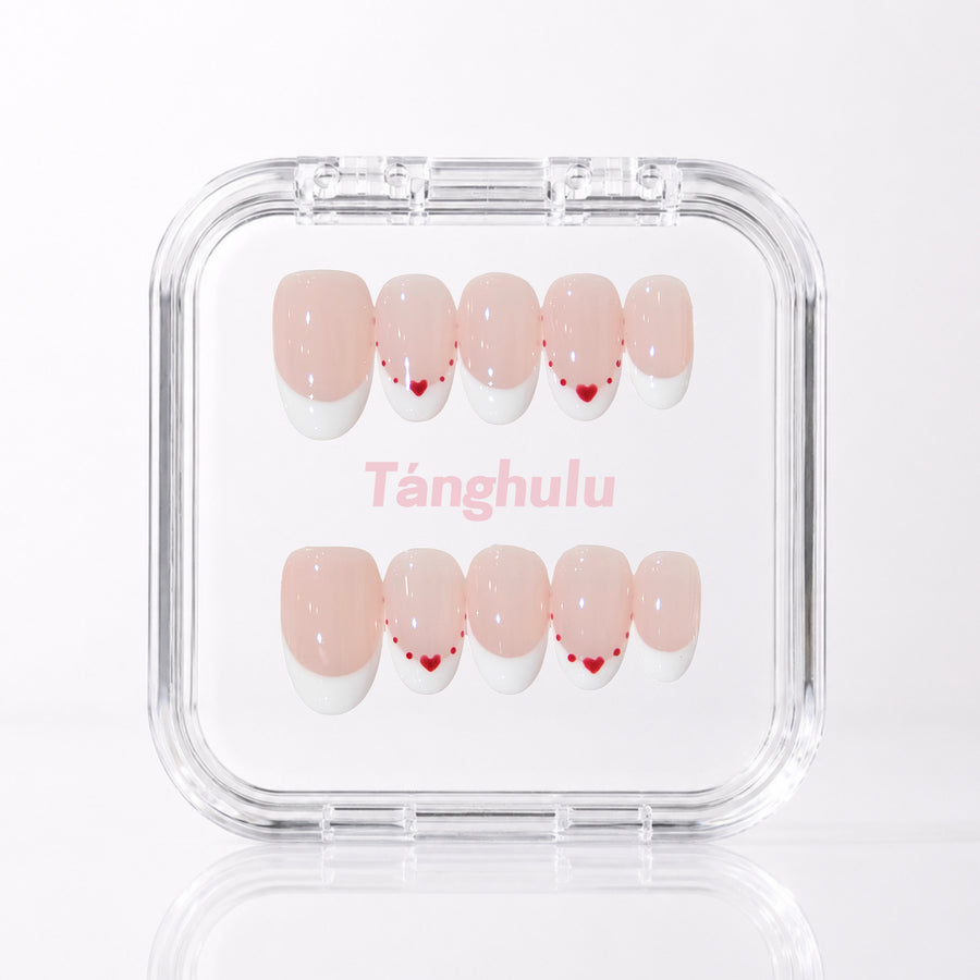 Sweetheart French — Short Oval press-on nails in Tanghulu acrylic case