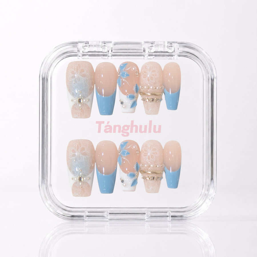 Berry Lace — Long Coffin press-on nails in Tanghulu acrylic case