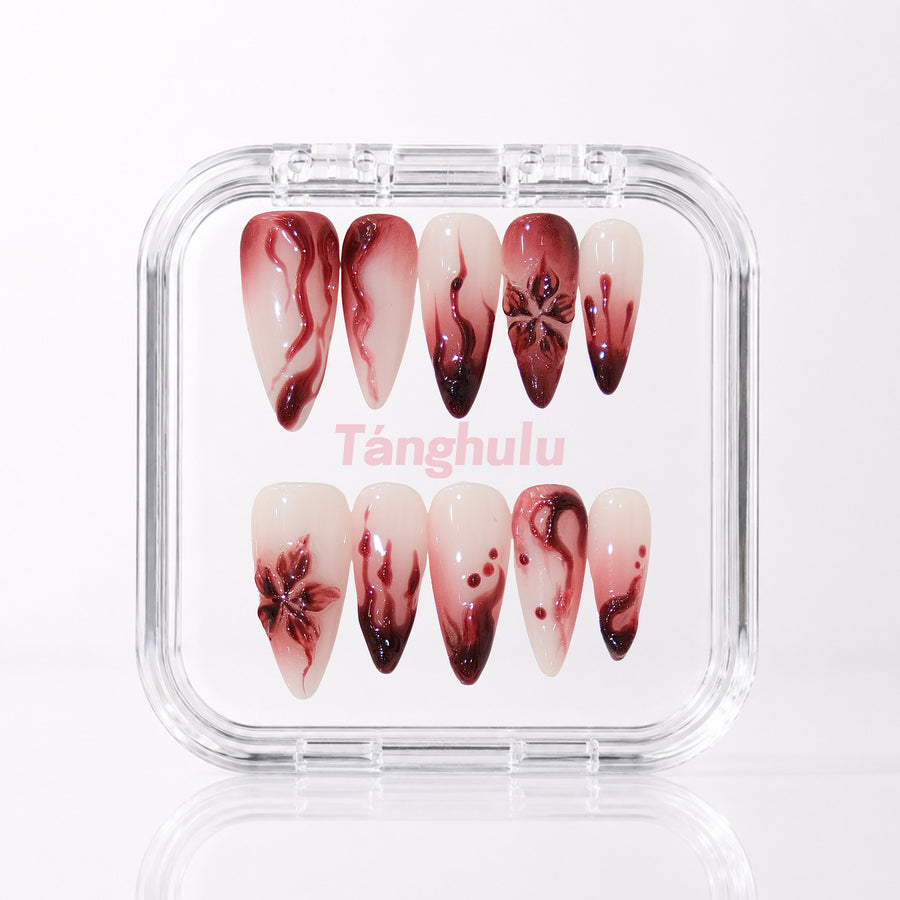 Crimson Flame — Long Stiletto press-on nails in Tanghulu acrylic case
