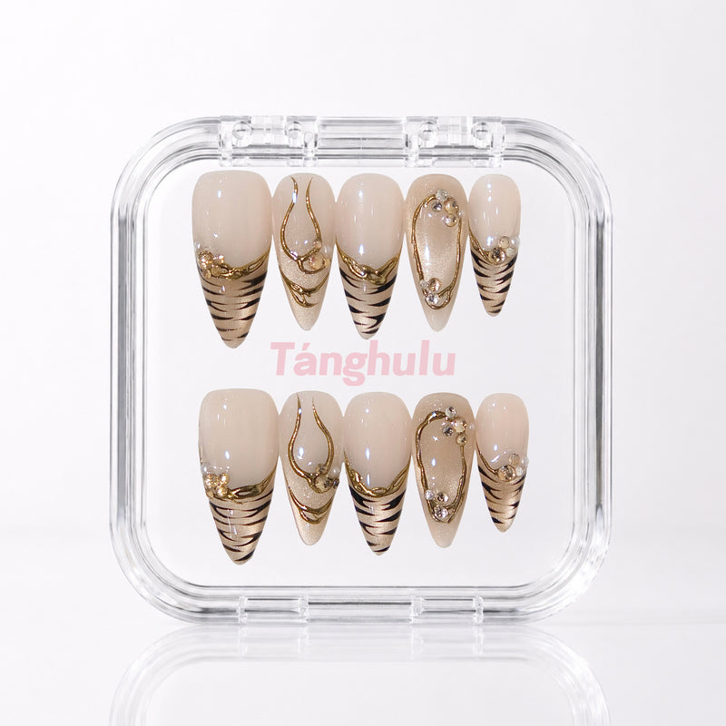 Golden Tiger — Long Stiletto press-on nails in Tanghulu acrylic case