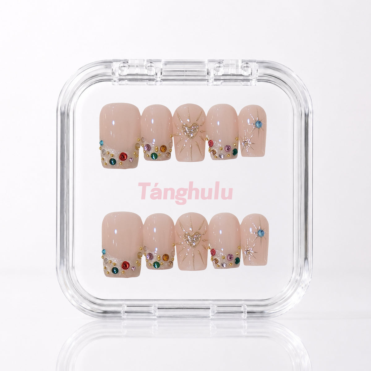 Jeweled Heart — Short Square press-on nails in Tanghulu acrylic case