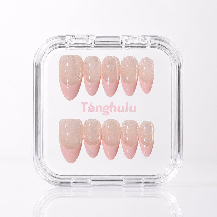 Pink Glow — Medium Almond press-on nails in Tanghulu acrylic case