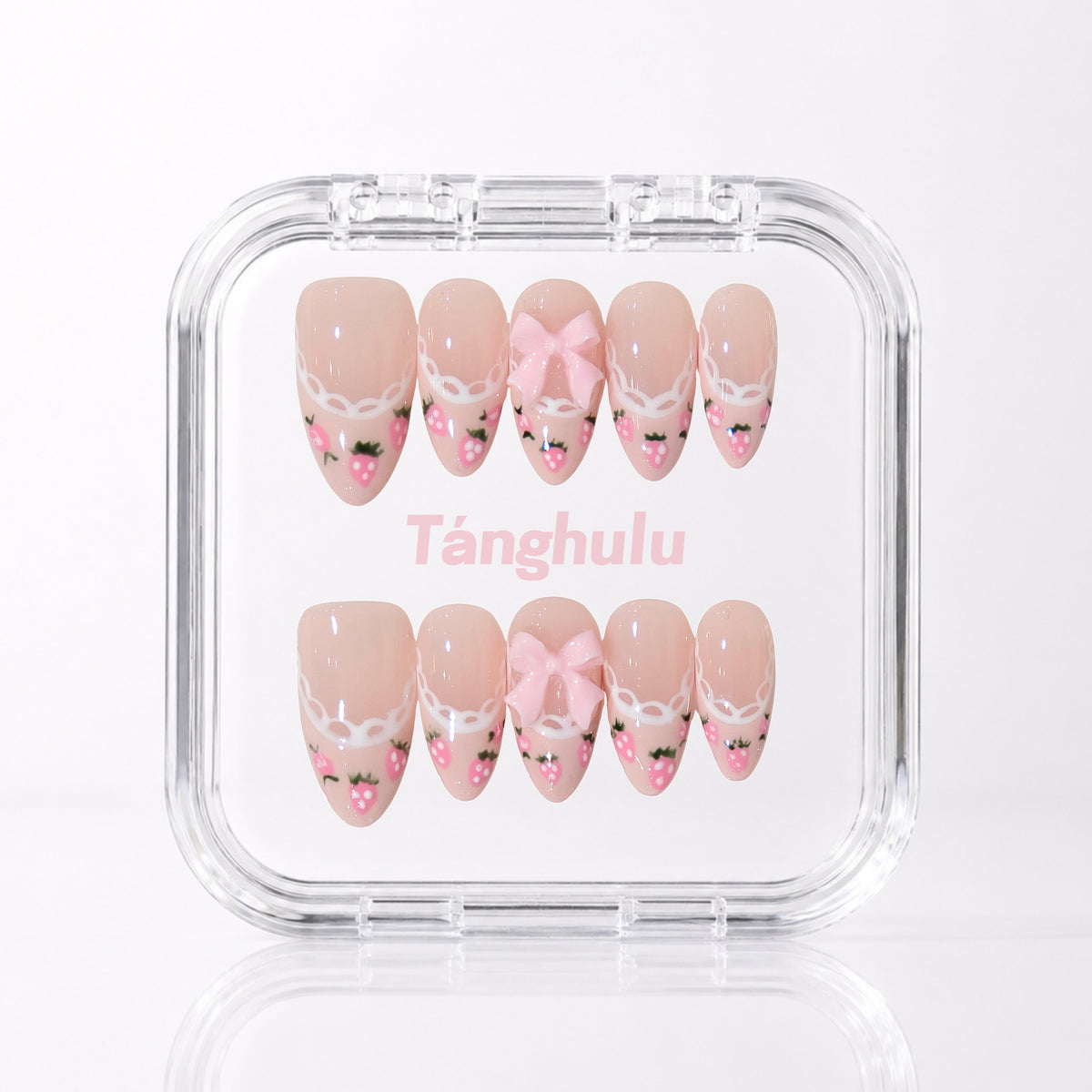 Berry Bow — Medium Almond press-on nails in Tanghulu acrylic case