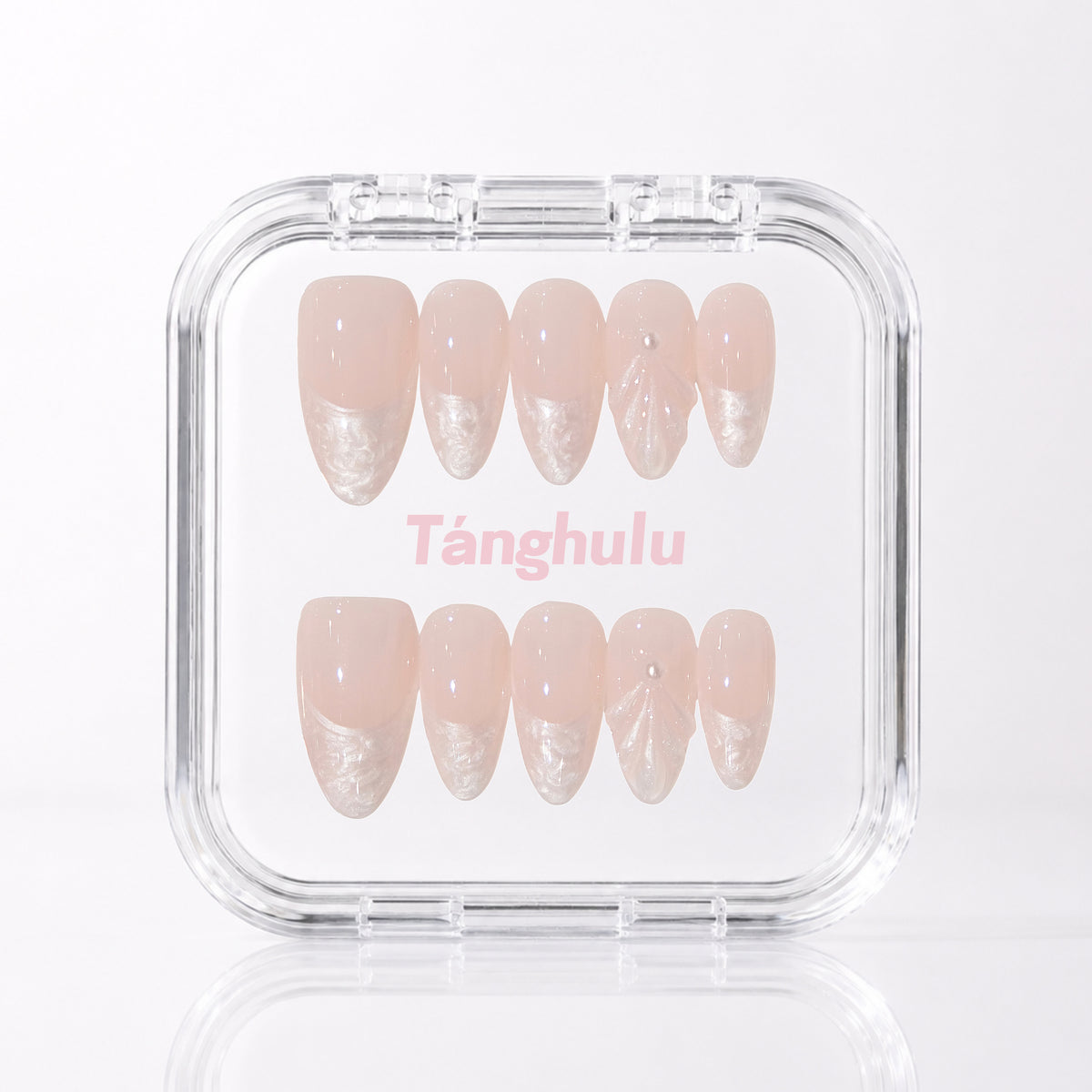 Seashell — Medium Almond press-on nails in Tanghulu acrylic case