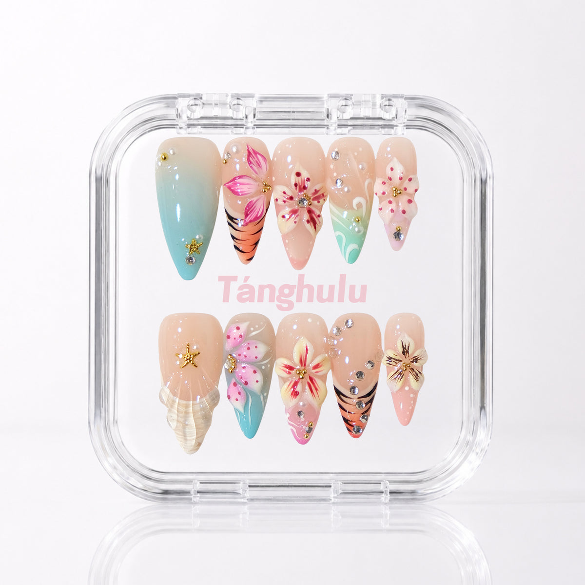 Blooming Set — Long Stiletto press-on nails aligned vertically with level cuticle edges in a Tanghulu acrylic case