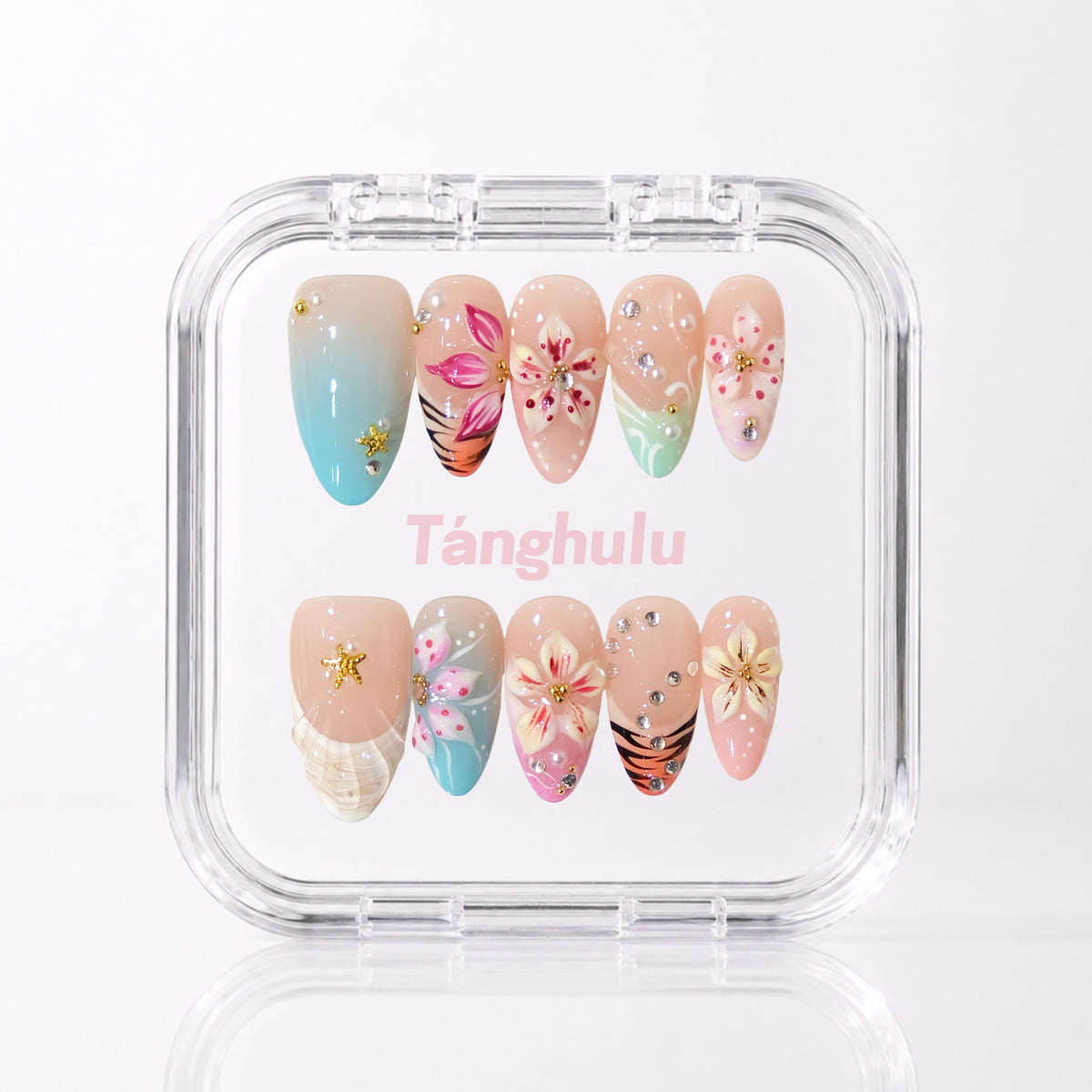 Blooming Set — Medium Almond press-on nails aligned vertically with level cuticle edges in a Tanghulu acrylic case