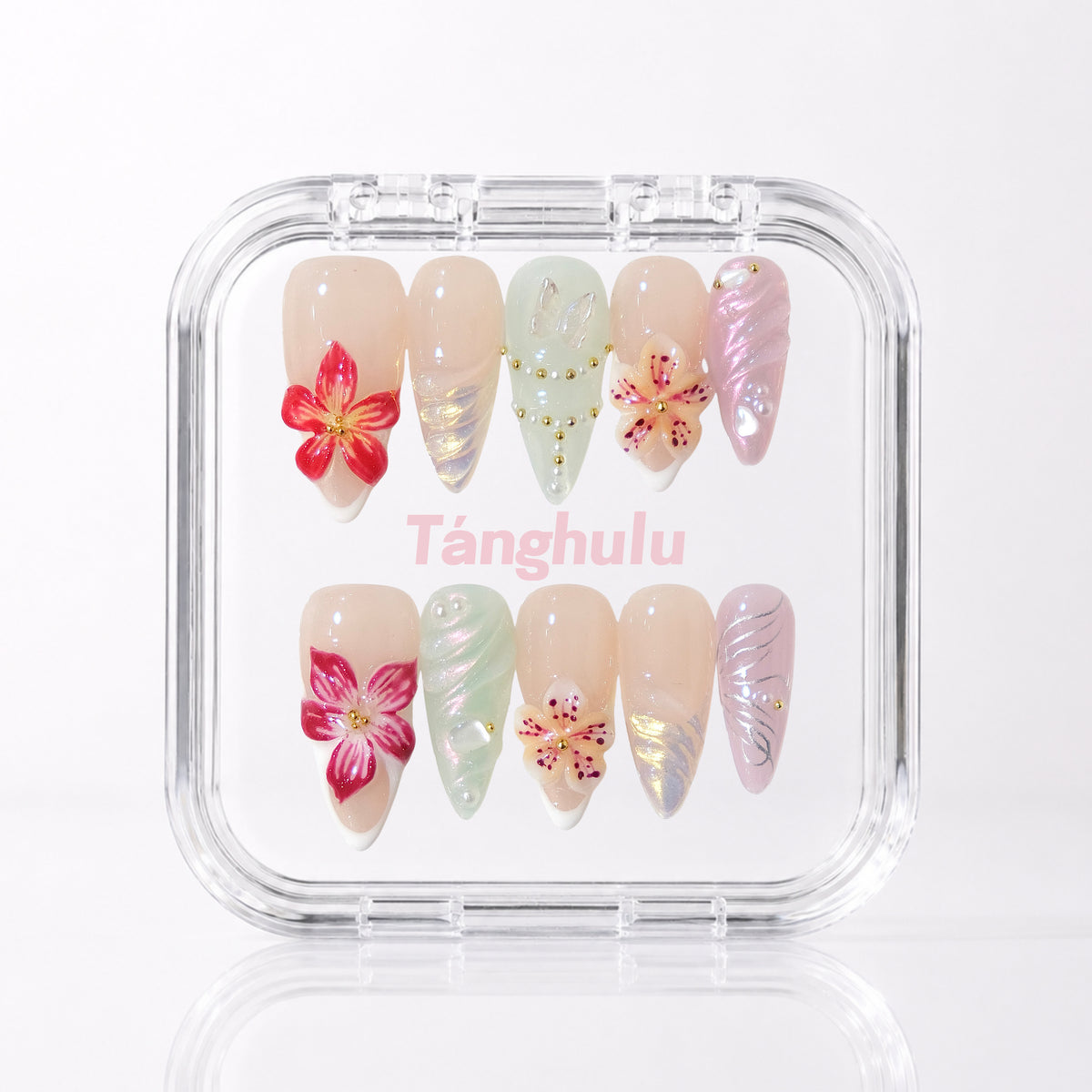 Fairy Petal — Long Stiletto press-on nails aligned vertically with level cuticle edges in a Tanghulu acrylic case