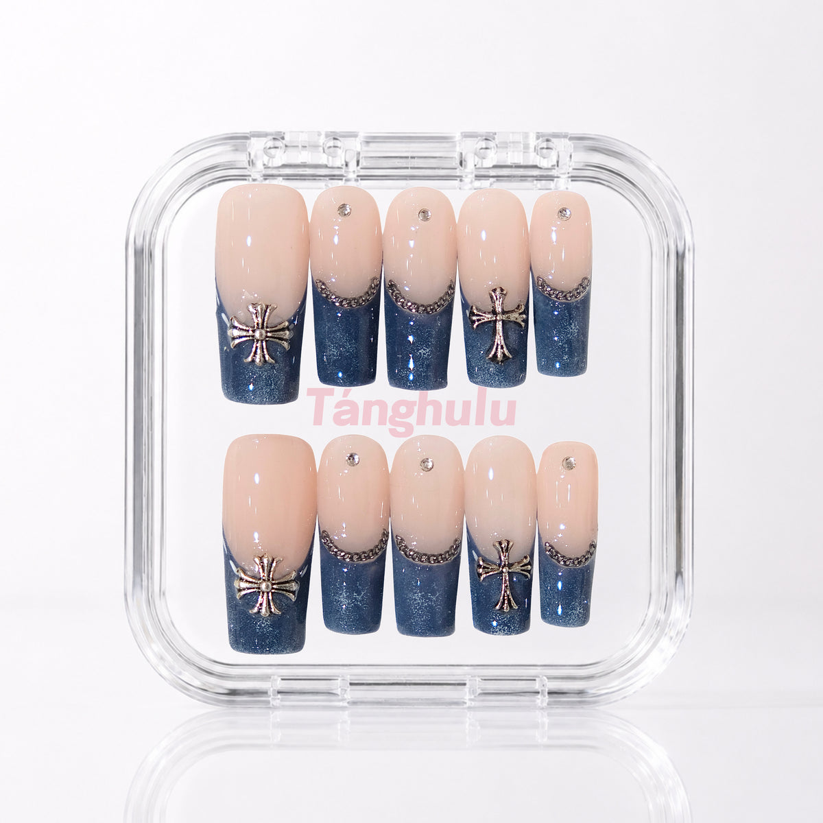 Midnight Cross — Extra Long Square press-on nails in Tanghulu acrylic case
