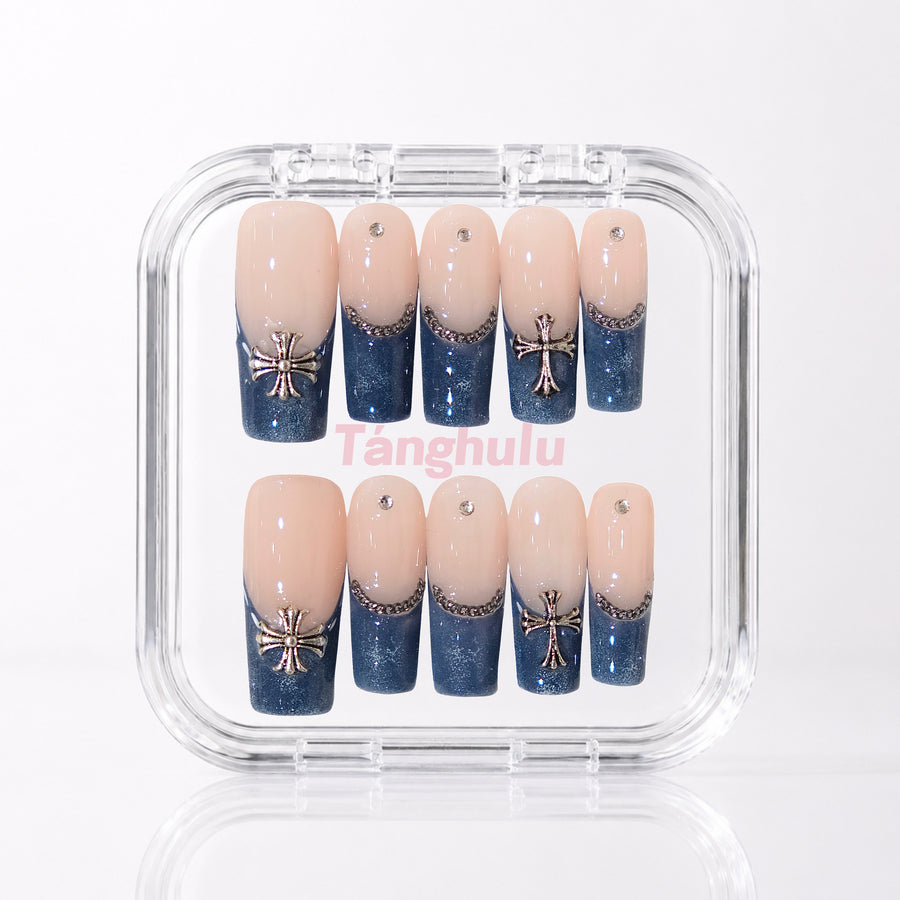 Midnight Cross — Extra Long Square press-on nails in Tanghulu acrylic case
