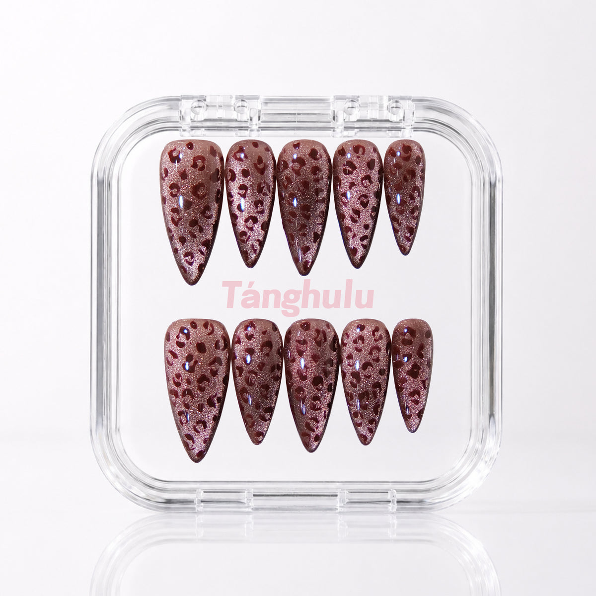 Plum Leopard — Long Stiletto press-on nails aligned vertically with level cuticle edges in a Tanghulu acrylic case