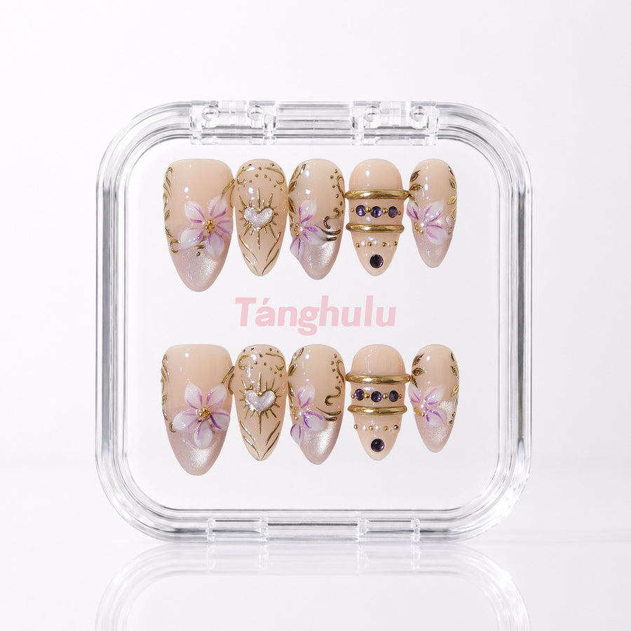 Lavender Bloom — Medium Almond nails with upright axes and individually leveled rear edges in Tanghulu acrylic case