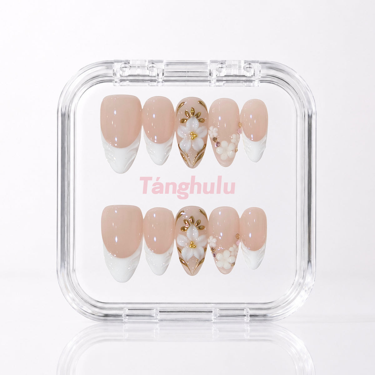 Ivory bloom — Medium Almond press-on nails in Tanghulu acrylic case