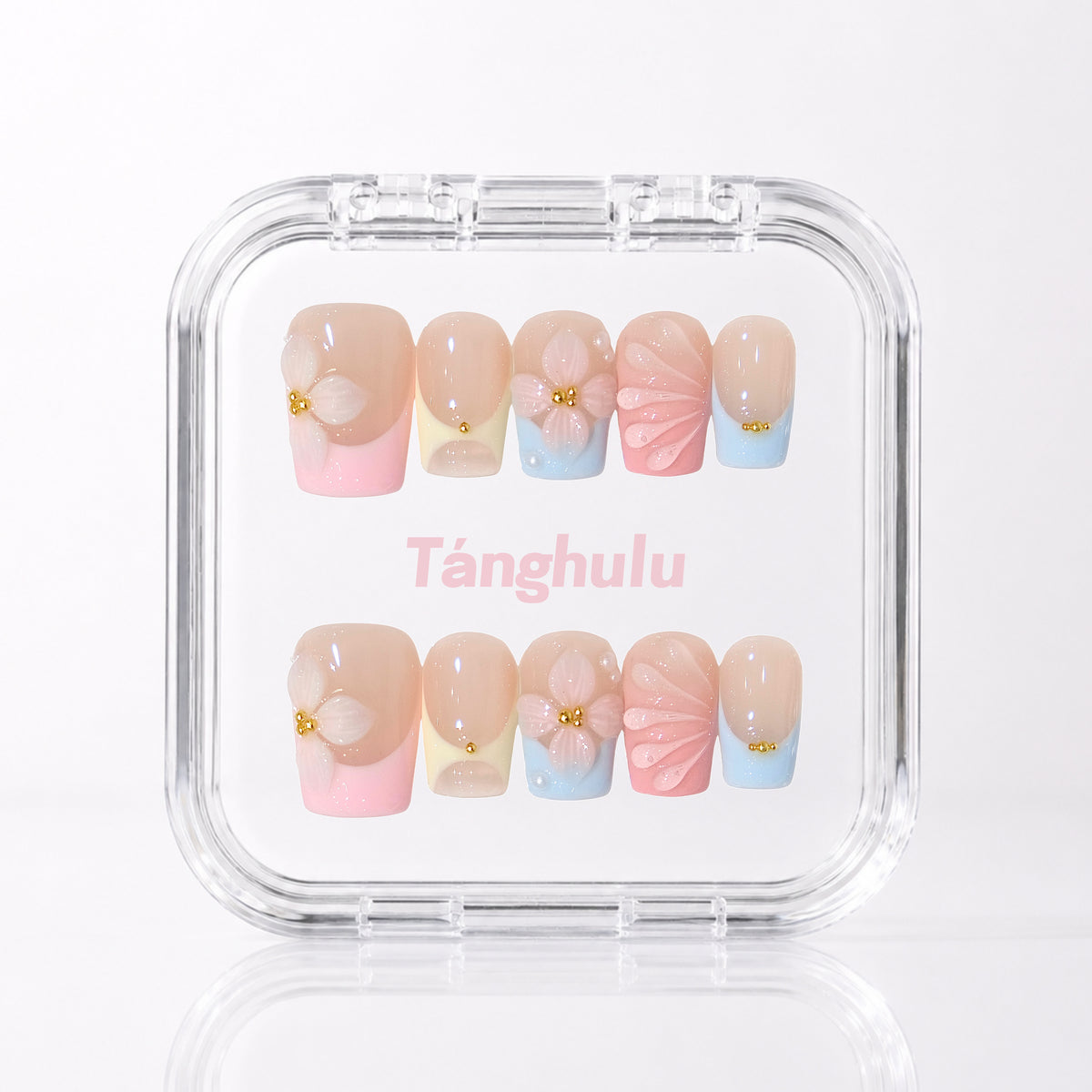Coastal Bloom — Short Square press-on nails in Tanghulu acrylic case