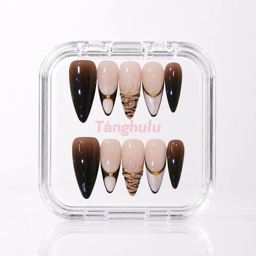 Espresso Flutter — Long Stiletto press-on nails in Tanghulu acrylic case