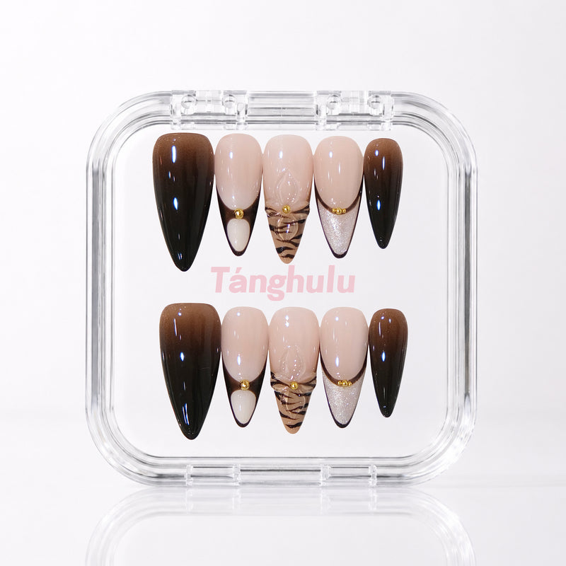 Espresso Flutter — Long Stiletto press-on nails in Tanghulu acrylic case