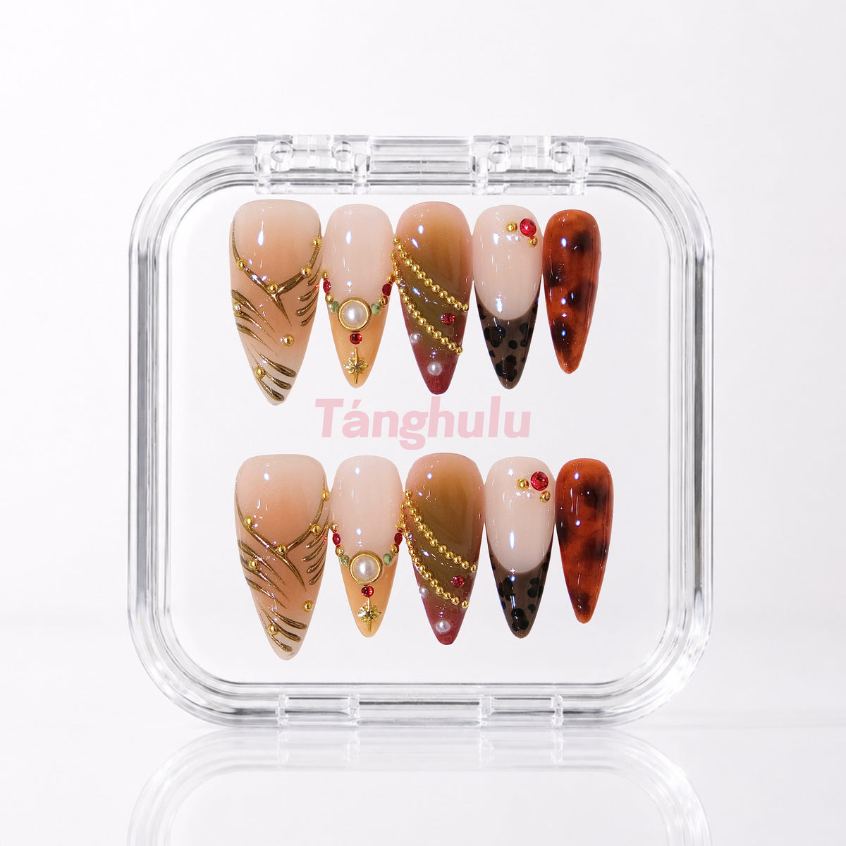 Royal Amber — Long Stiletto press-on nails in Tanghulu acrylic case