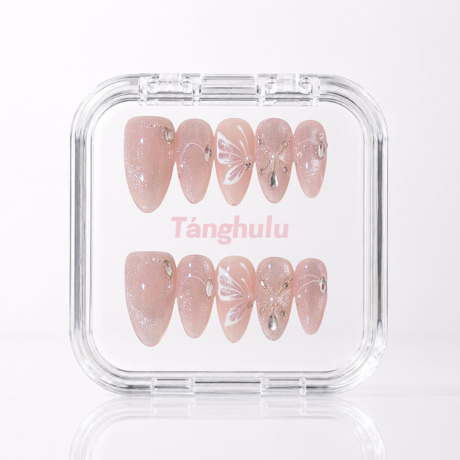 Blush Flutter — Medium Almond press-on nails in Tanghulu acrylic case