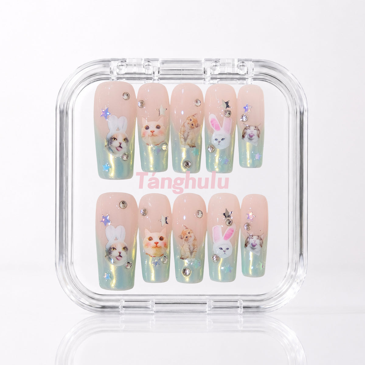 Kitten Parade — Extra Long Square press-on nails in Tanghulu acrylic case