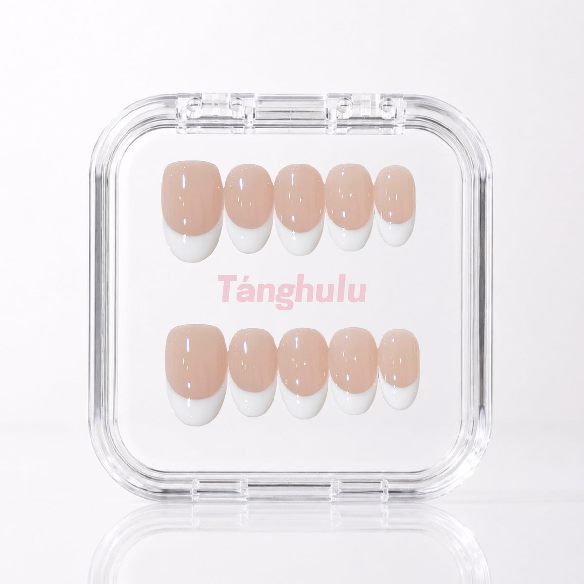 in Paris (Beige) — Short Oval press-on nails in Tanghulu acrylic case