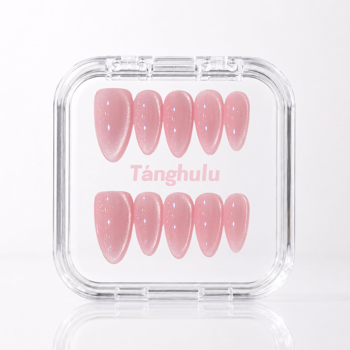 Rose Gleam — Medium Almond press-on nails in Tanghulu acrylic case