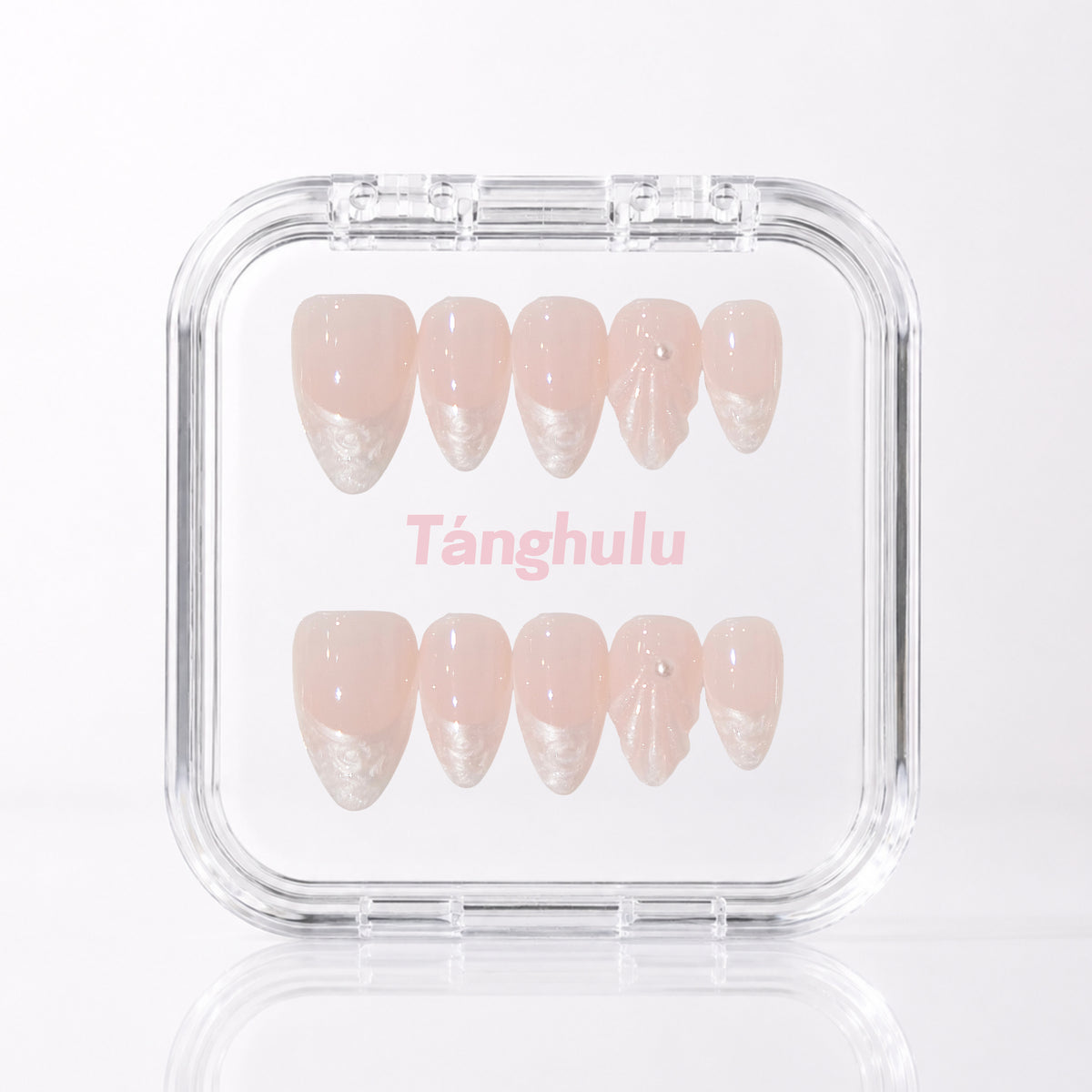 Seashell — Short Almond press-on nails in Tanghulu acrylic case