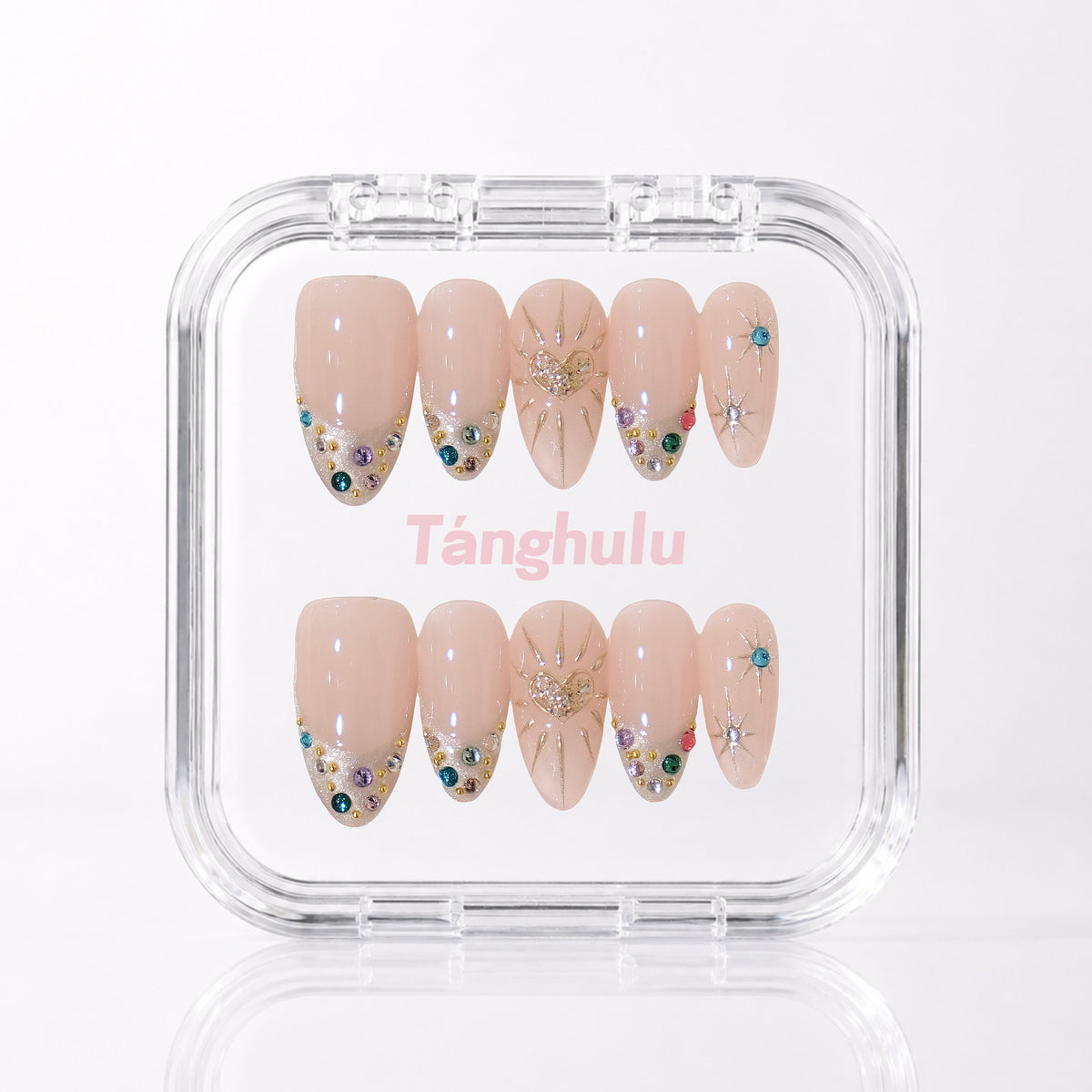 Jeweled Heart — Medium Almond press-on nails in Tanghulu acrylic case