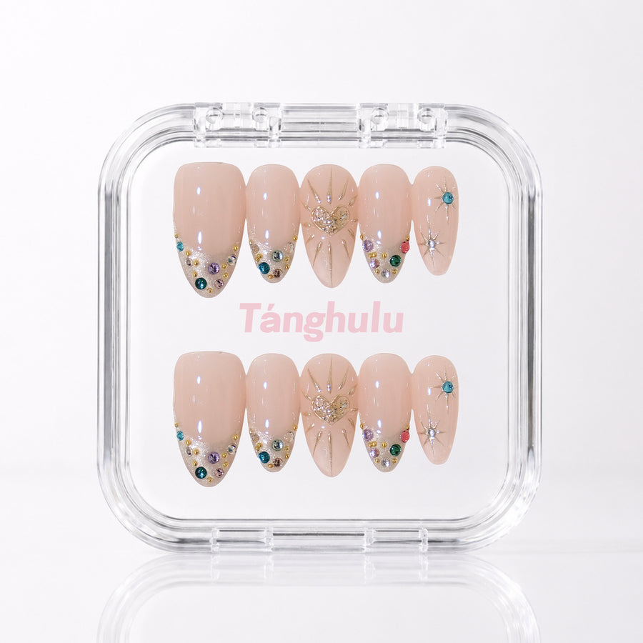 Jeweled Heart — Medium Almond press-on nails in Tanghulu acrylic case