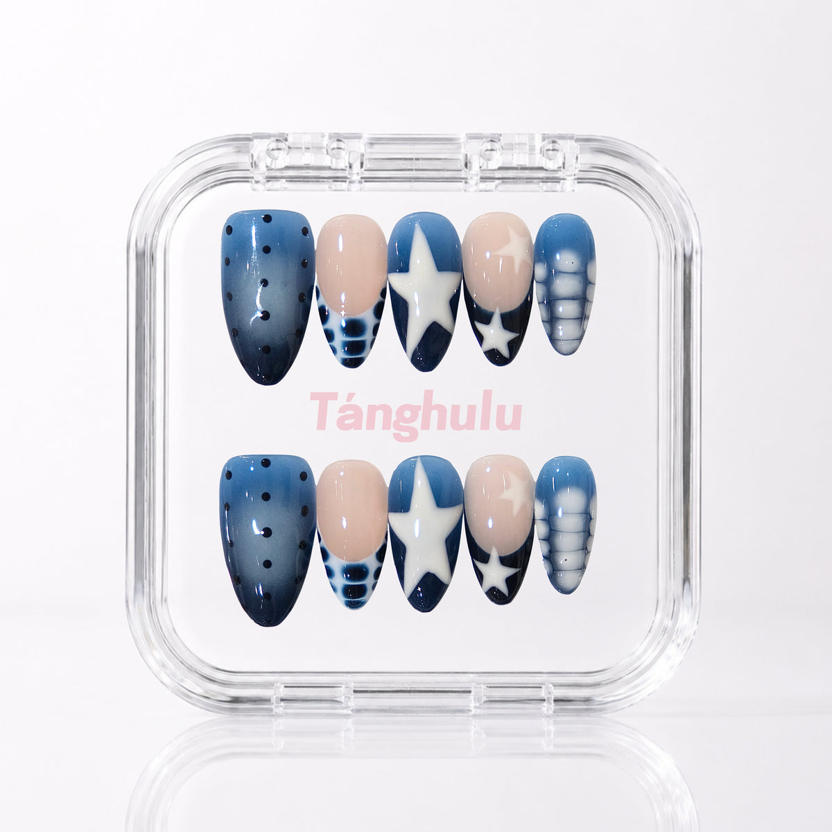 Denim Star — Medium Almond press-on nails in Tanghulu acrylic case