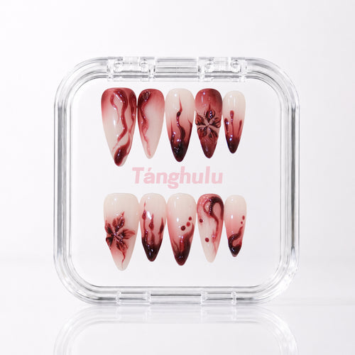 Crimson Flame — Long Stiletto press-on nails in a Tanghulu acrylic case